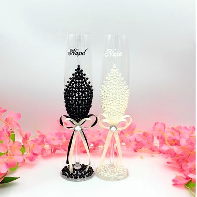 Set Pahare de Șampanie „Perle de Eleganță” pentru Nașul și Nașă - 250 ml, 2 Bucăți