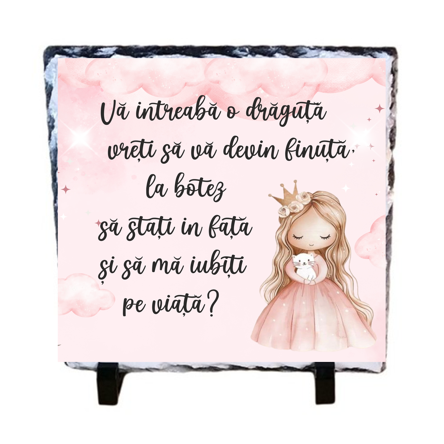 Piatră Ardezie - Cerere Nași de botez (Fetiță) 14x14 cm