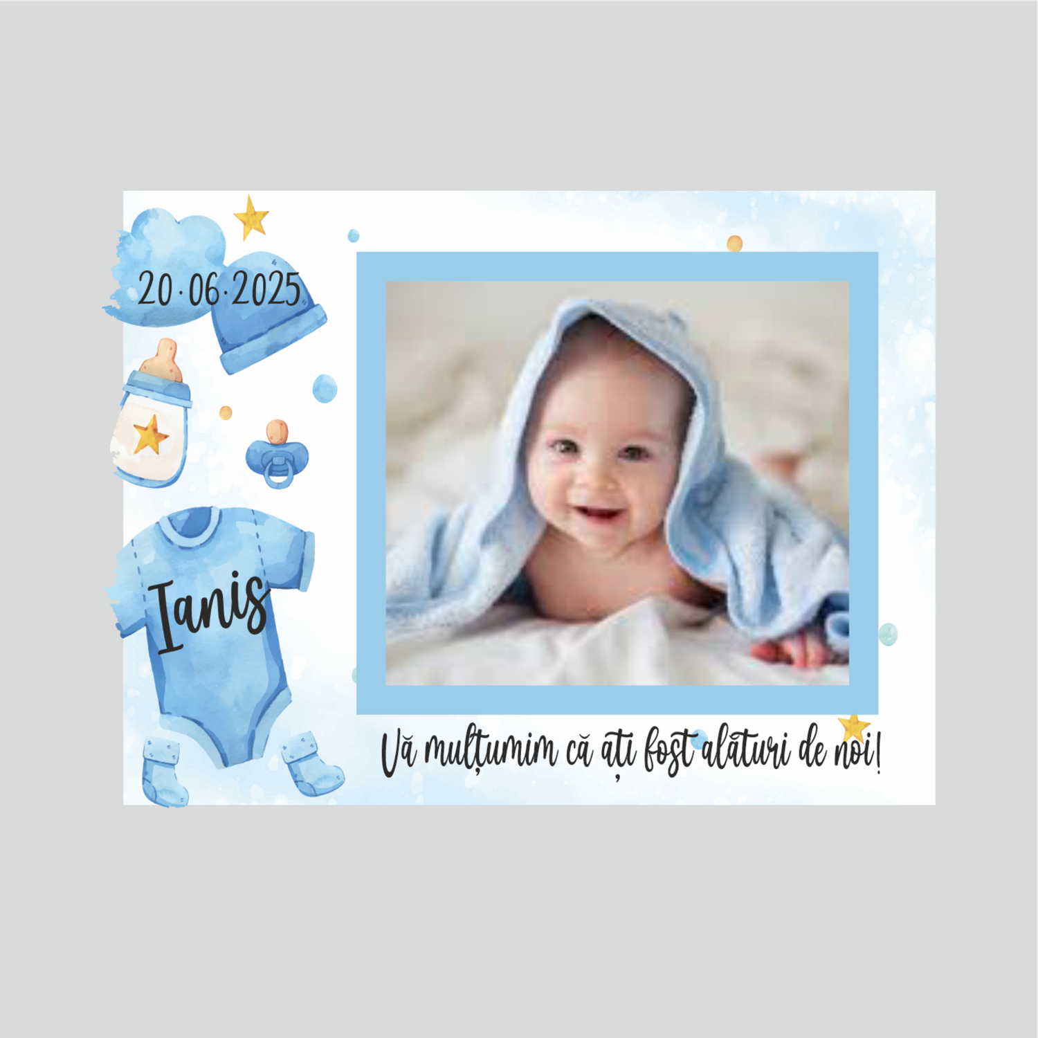 Magnet mărturie botez băiat – personalizat cu poză, nume și dată