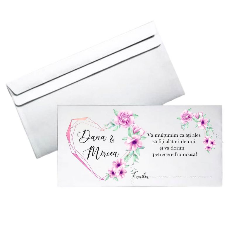 Plic bani nuntă personalizat – Model cu flori mov și inimă roz – hârtie 80g, format DL