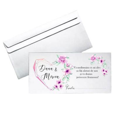 Plic bani nuntă personalizat – Model cu flori mov și inimă roz – hârtie 80g, format DL