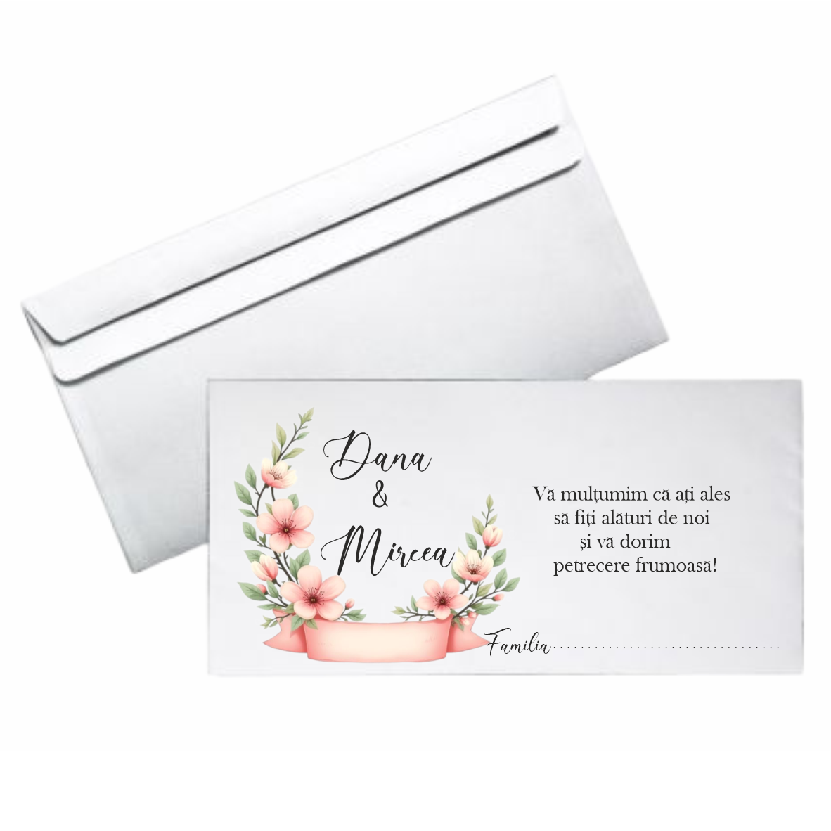 Plic personalizat cu nume miri pentru nuntă, DL 110x220 mm., hârtie 80 g.