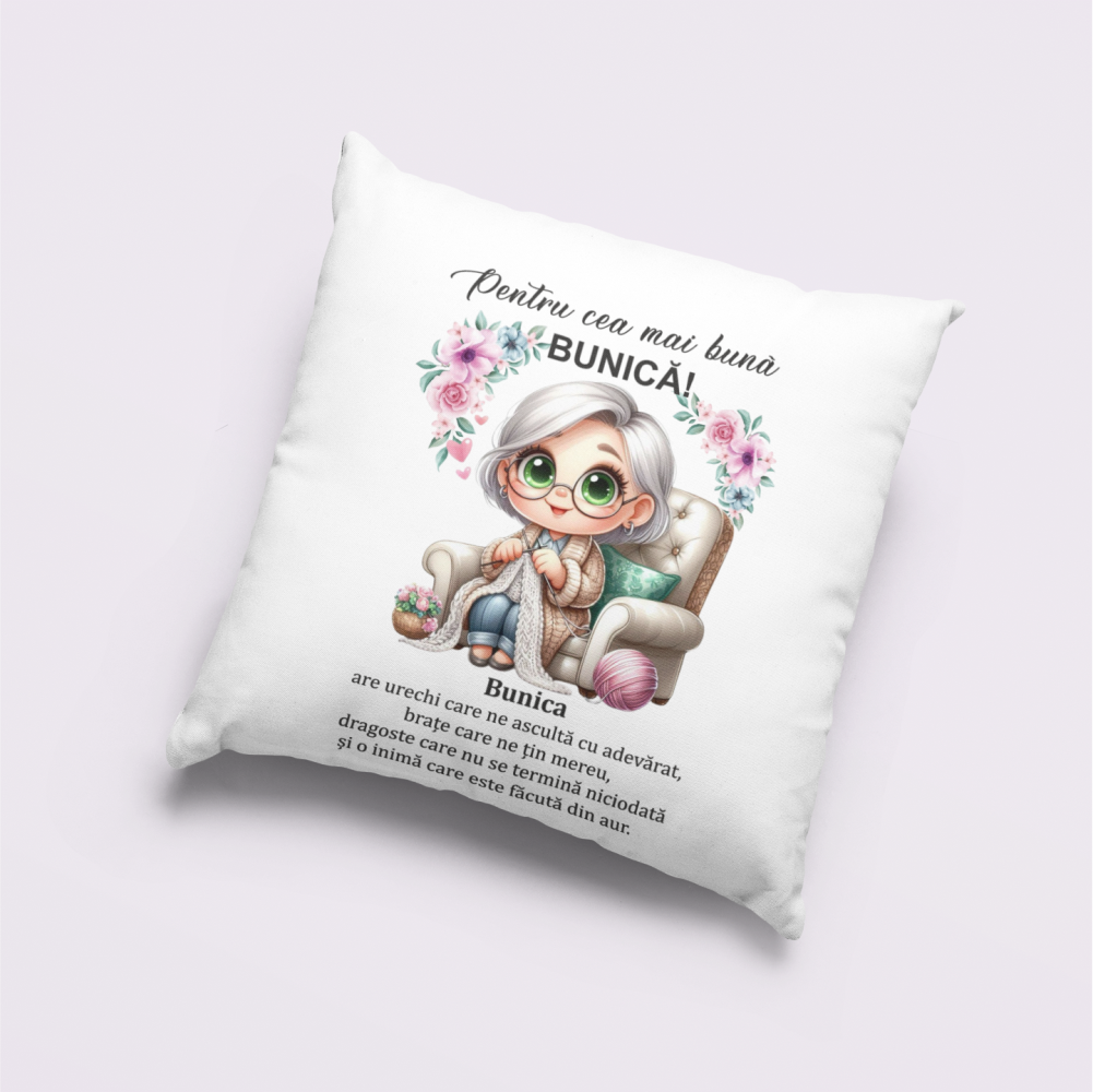 Pernă personalizată „Pentru cea mai bună bunică” – cadou emoționant cu mesaj și ilustrație adorabilă