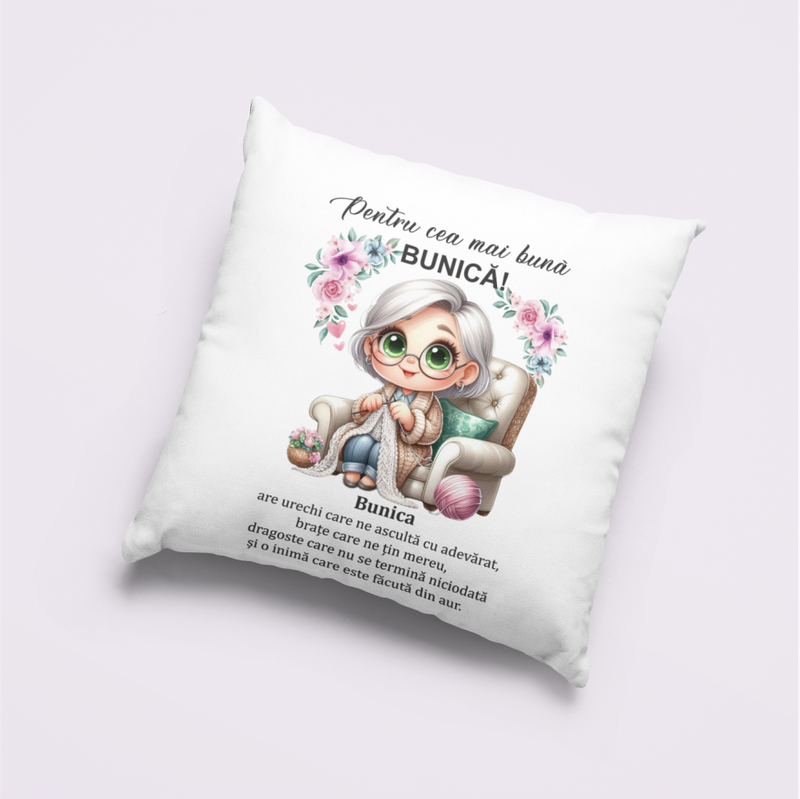 Pernă personalizată „Pentru cea mai bună bunică” – cadou emoționant cu mesaj și ilustrație adorabilă