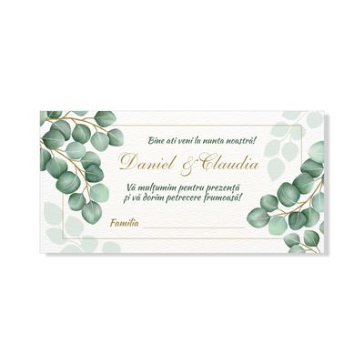 Plic de bani pentru nuntă cu design eucalipt – personalizat cu numele mirilor