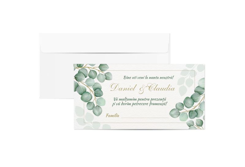Plic de bani pentru nuntă cu design eucalipt – personalizat cu numele mirilor
