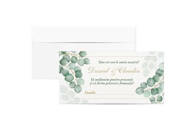 Plic de bani pentru nuntă cu design eucalipt – personalizat cu numele mirilor
