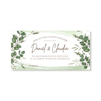 Plic de bani nuntă personalizat – acuarelă verde, model eucalipt, cu numele mirilor și dată
