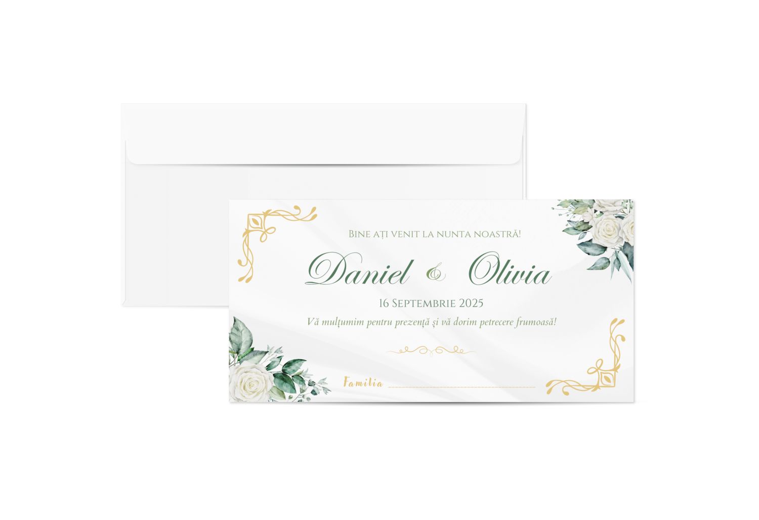 Plic de bani nuntă personalizat – model trandafiri albi, accente aurii, cu numele mirilor și dată