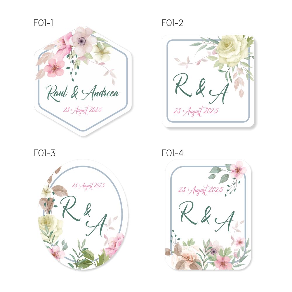 Etichete personalizate pentru nuntă – Colecția Flowers F01 (4 forme)