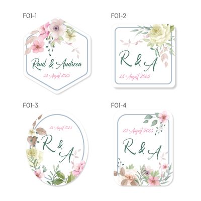 Etichete personalizate pentru nuntă – Colecția Flowers F01 (4 forme)
