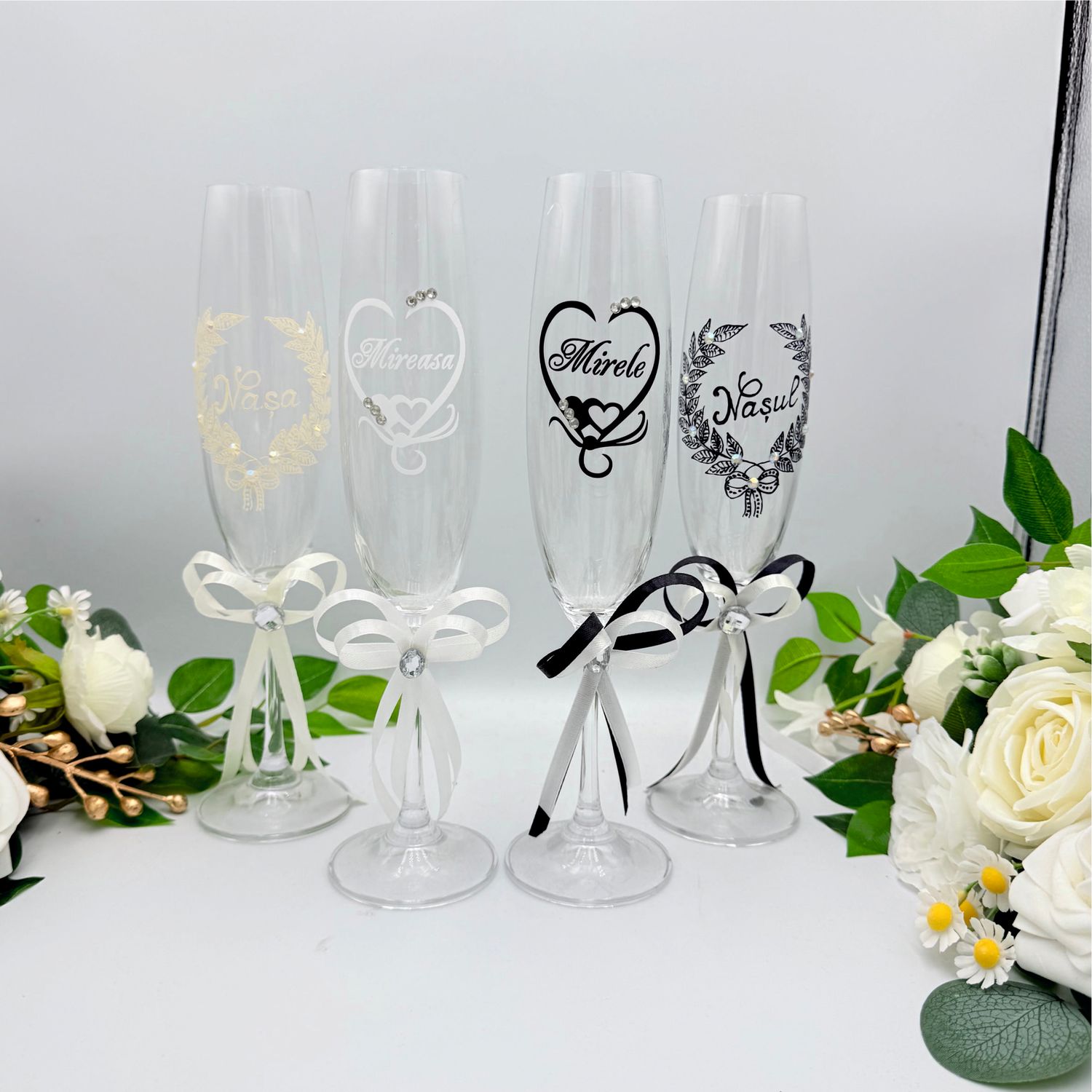 Set Pahare Șampanie Nuntă „Heart - Mireasa si Mirele” si Nasul si Nasa - 250 ml, 4Bucăți