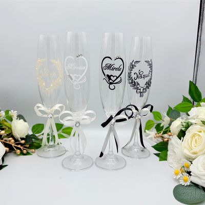 Set Pahare Șampanie Nuntă „Heart - Mireasa si Mirele” si Nasul si Nasa - 250 ml, 4Bucăți