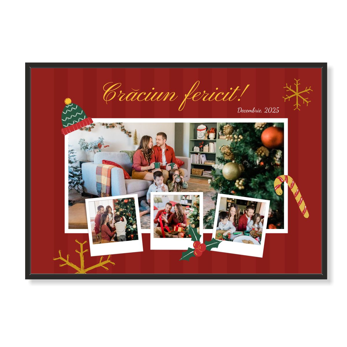 Ramă foto Crăciun „Crăciun fericit! – Decembrie 2025” – colaj cu 4 poze, print premium pe hârtie RC 260 g, cu ramă inclusă