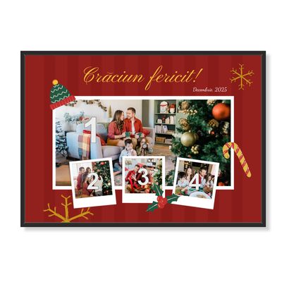 Rama foto Craciun „Crăciun fericit! – Decembrie 2025” – colaj cu 4 poze, print premium pe hârtie RC 260 g, cu ramă inclusă