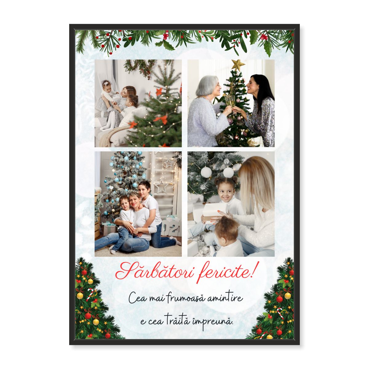Ramă foto Crăciun „Sărbători fericite!” – colaj cu 4 poze, print premium RC 260 g, cu ramă inclusă