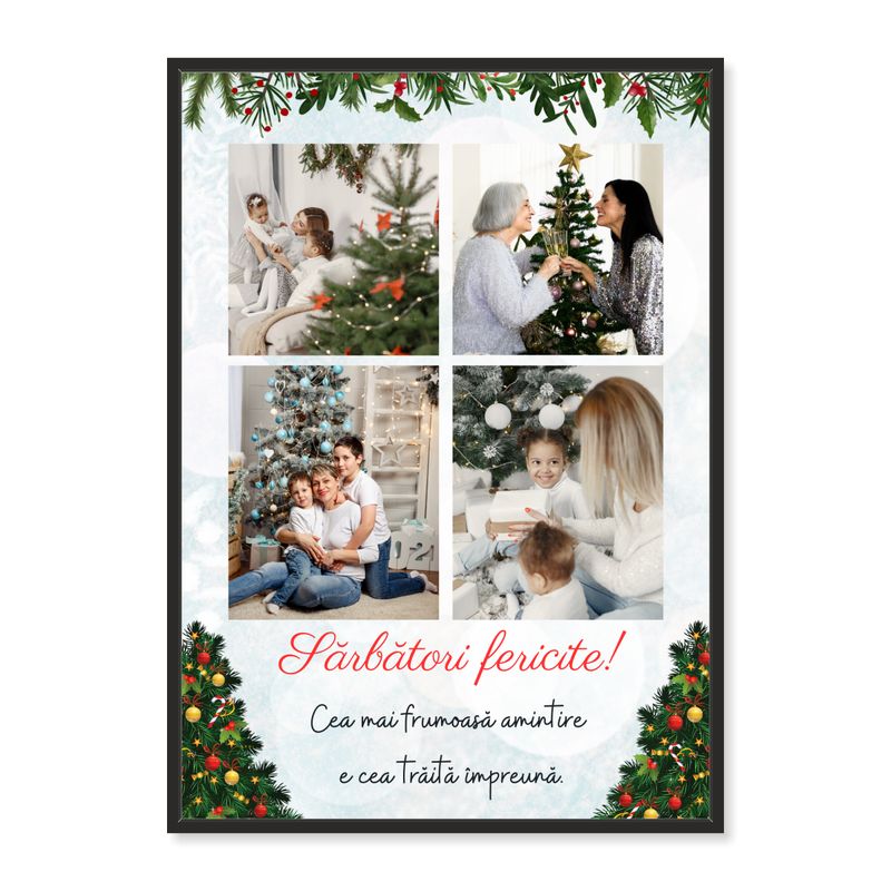 Ramă foto Crăciun „Sărbători fericite!” – colaj cu 4 poze, print premium RC 260 g, cu ramă inclusă