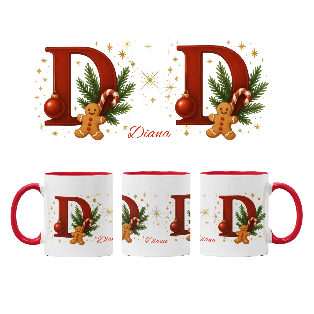 Cană personalizată cu inițiala numelui – model Crăciun, ceramică 380 ml