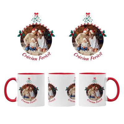 Cana Personalizată de Craciun – Poză în Ornament &amp; text „Crăciun Fericit”