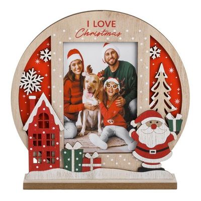 Ramă Foto Crăciun „I Love Christmas” din Lemn – Decor cu Moș și Cadouri 🎅