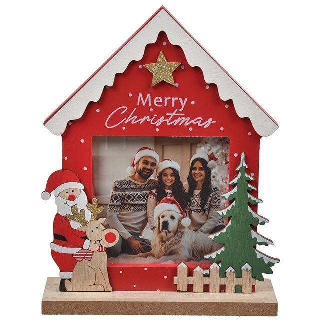 Ramă Foto Crăciun „Merry Christmas” Căsuță din Lemn – Poză Inclusă 🎅