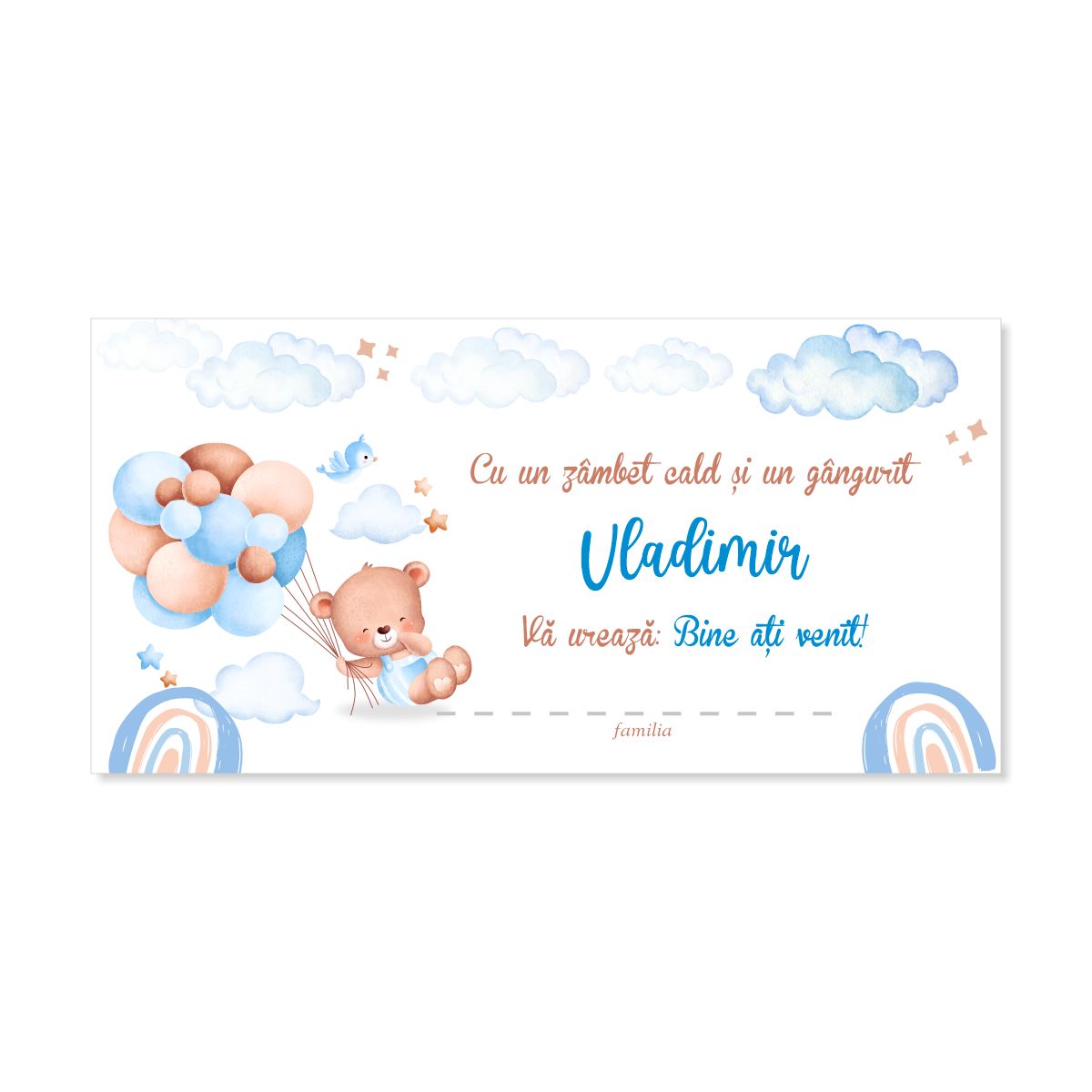 Plic de bani botez cartonat – „Povestea Ursulețului Zburător”, cu buzunar interior, carton 250g