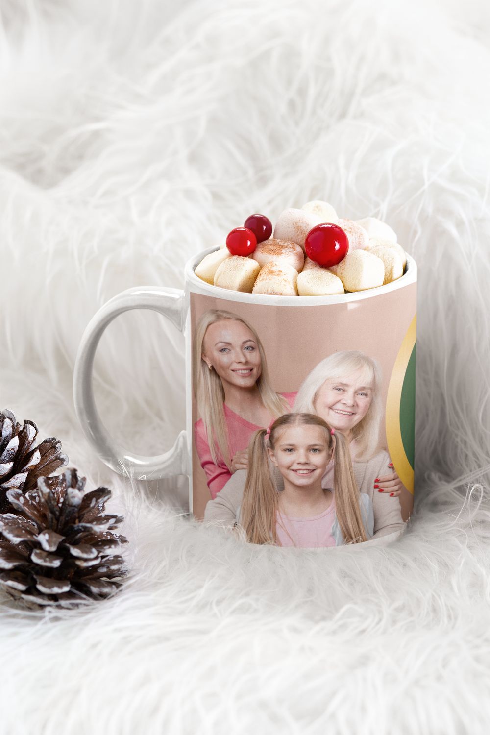 Cana personalizata cu poza si text, motive de Craciun (fundal verde cu ornamente)