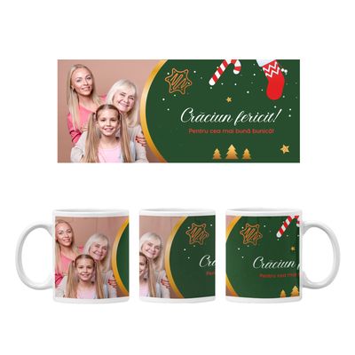 Cana personalizata cu poza si text, motive de Craciun (fundal verde cu ornamente)