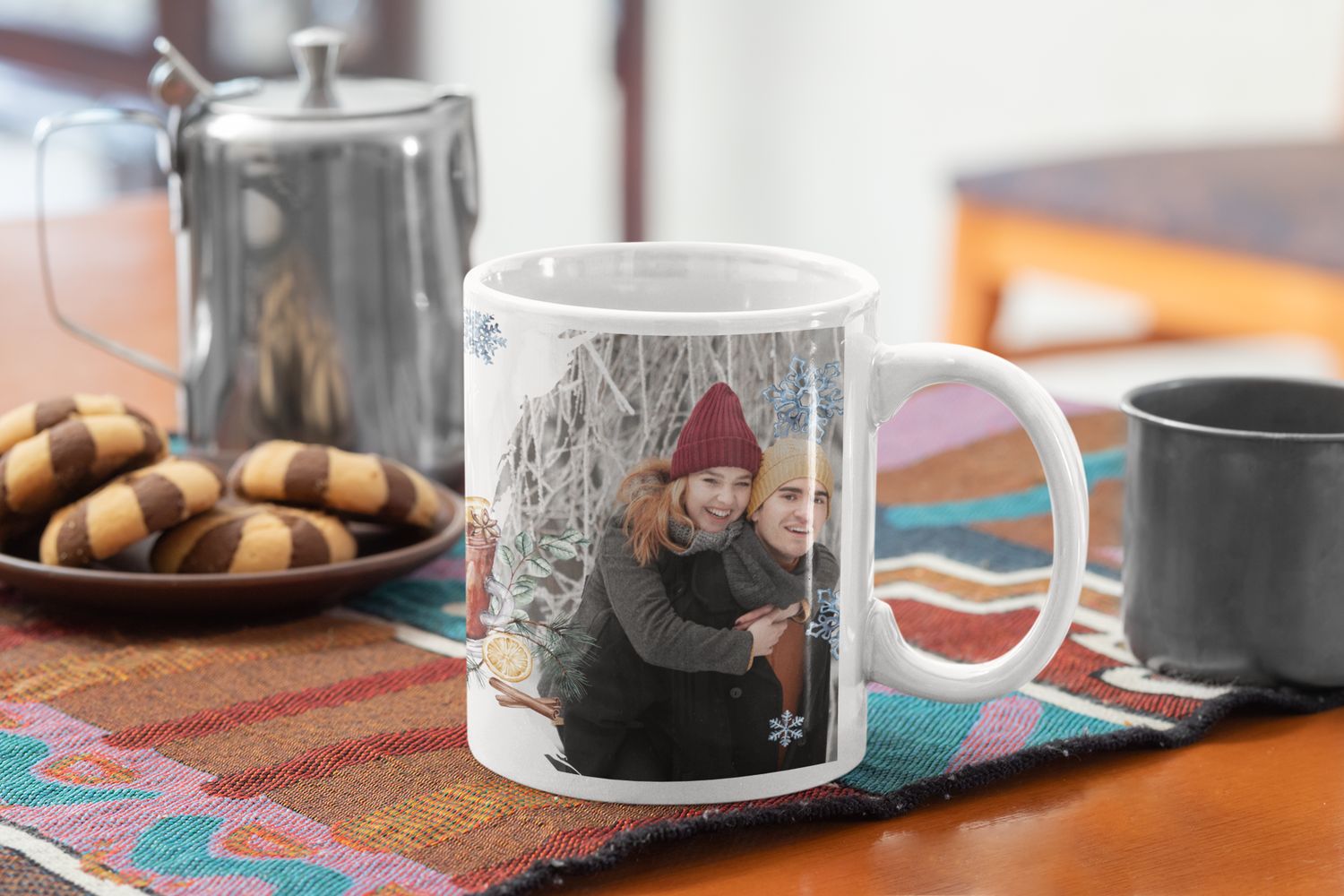 Cană de iarnă personalizată cu poză &amp; mesaj – fulgi de zăpadă și motive sarbatori