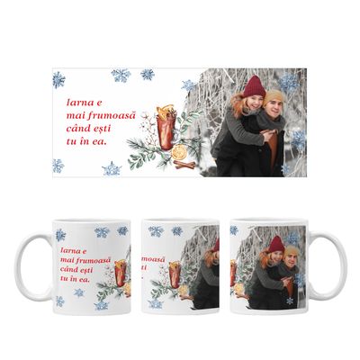 Cană de iarnă personalizată cu poză &amp; mesaj – fulgi de zăpadă și motive sarbatori