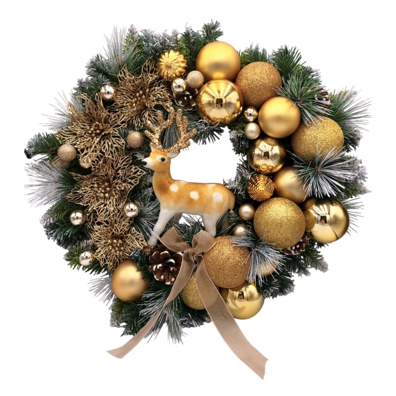 Coroniță de Crăciun cu Globuri Aurii &amp; Ren Decorativ – Design Lux, Ø45 cm