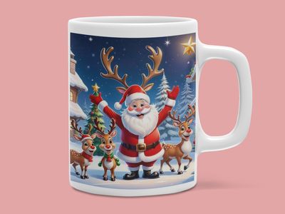 Cana cu Moș Craciun și renii lui – Magia sărbătorilor într-un design de poveste