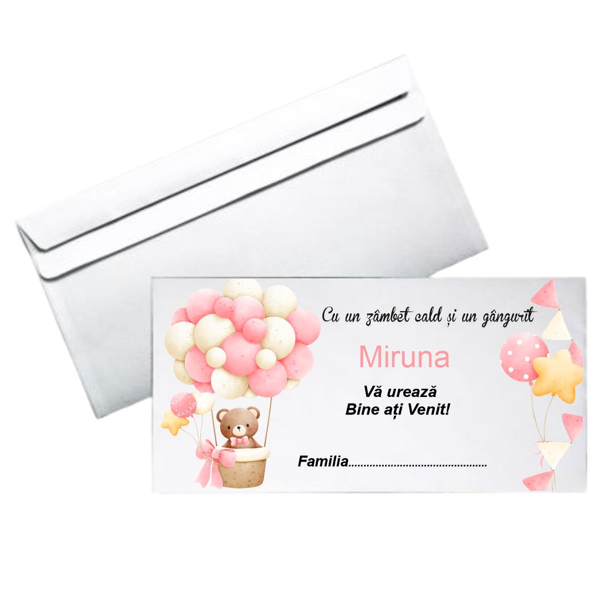 Plic botez fetiță- model ursuleț cu baloane roz &amp; bej , hârtie 80 g