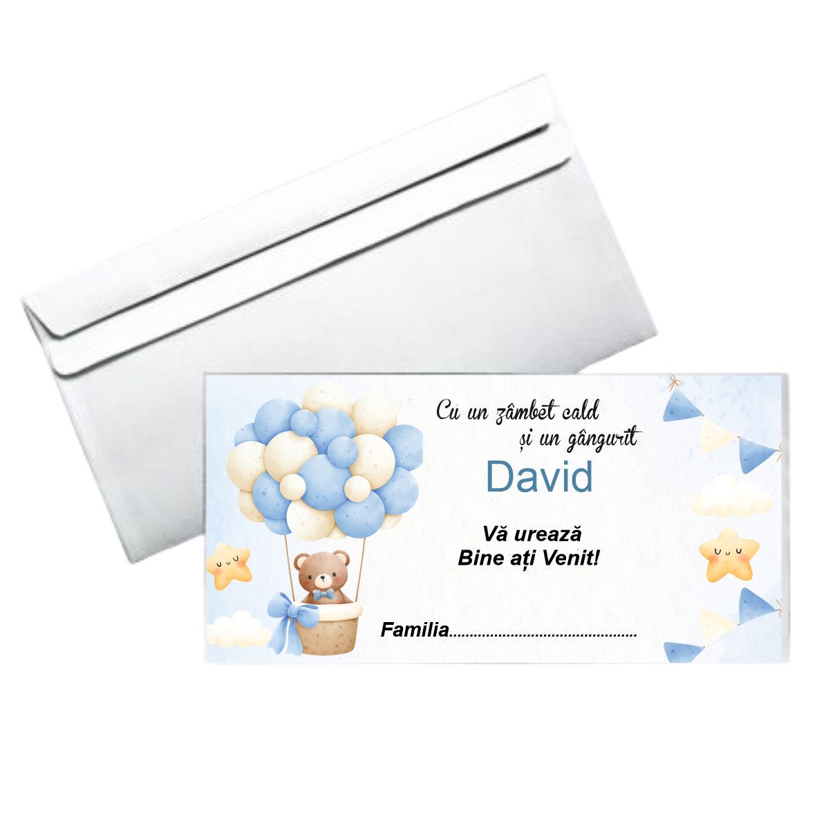 Plic botez băiețel – model ursuleț în balon bleu , hârtie 80g