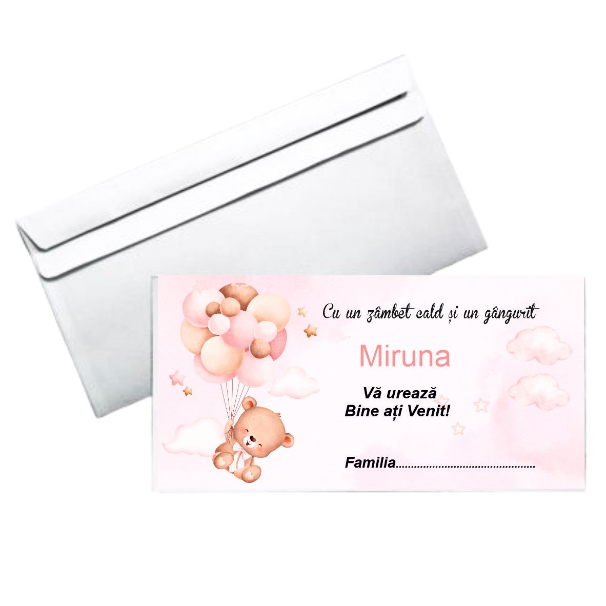 Plic botez fetiță – model ursuleț cu baloane si fundal roz, hârtie albă 80g