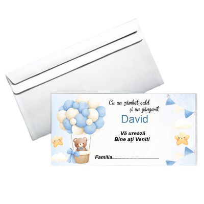 Plic botez băiețel – model ursuleț în balon bleu , hârtie 80g