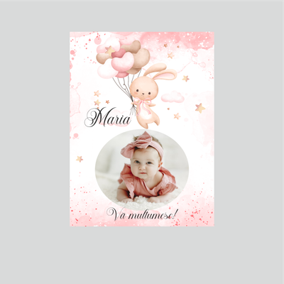 Magnet Mărturie Botez Fetiță „Iepuraș cu Baloane” – Personalizat cu Poză și Nume