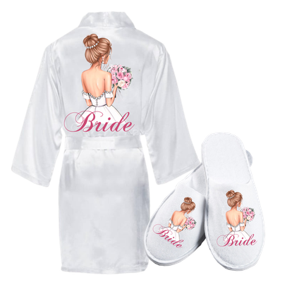 Set halat și papuci – Model 3 „Bride” cu scris roz