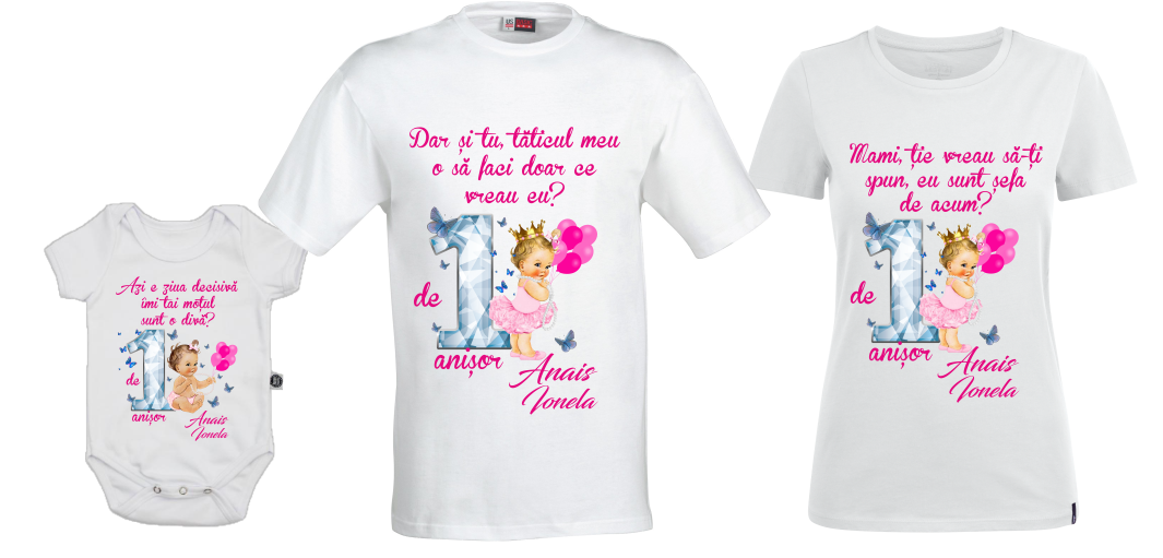 Set tricouri aniversare Familie – „Prințesa de 1 anișor” – personalizate cu numele fetiței