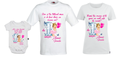 Set tricouri aniversare Familie – „Prințesa de 1 anișor” – personalizate cu numele fetiței