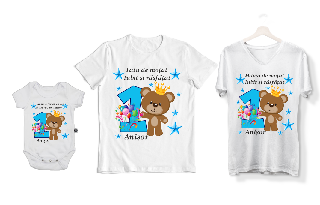 Set tricouri personalizate Familie – „Ursulețul vesel” pentru aniversarea de 1 an