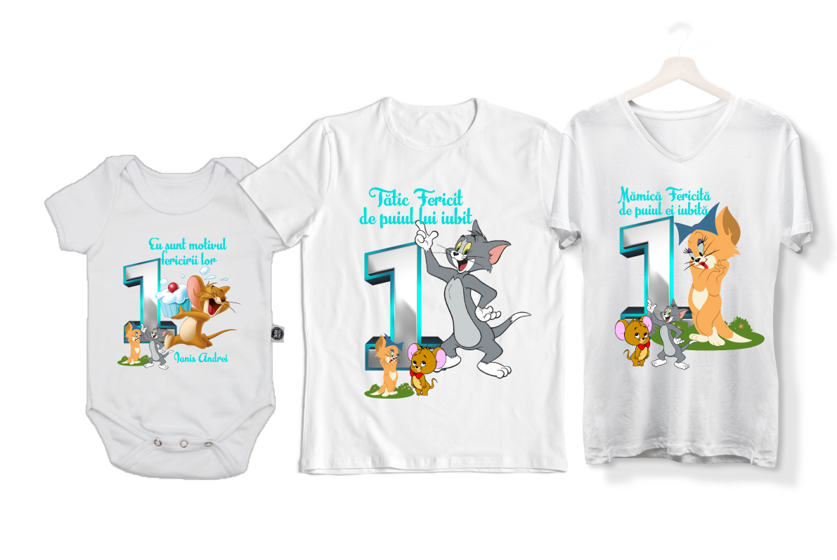 Set tricouri personalizate Familie – „Tom &amp; Jerry” pentru aniversare 1 an