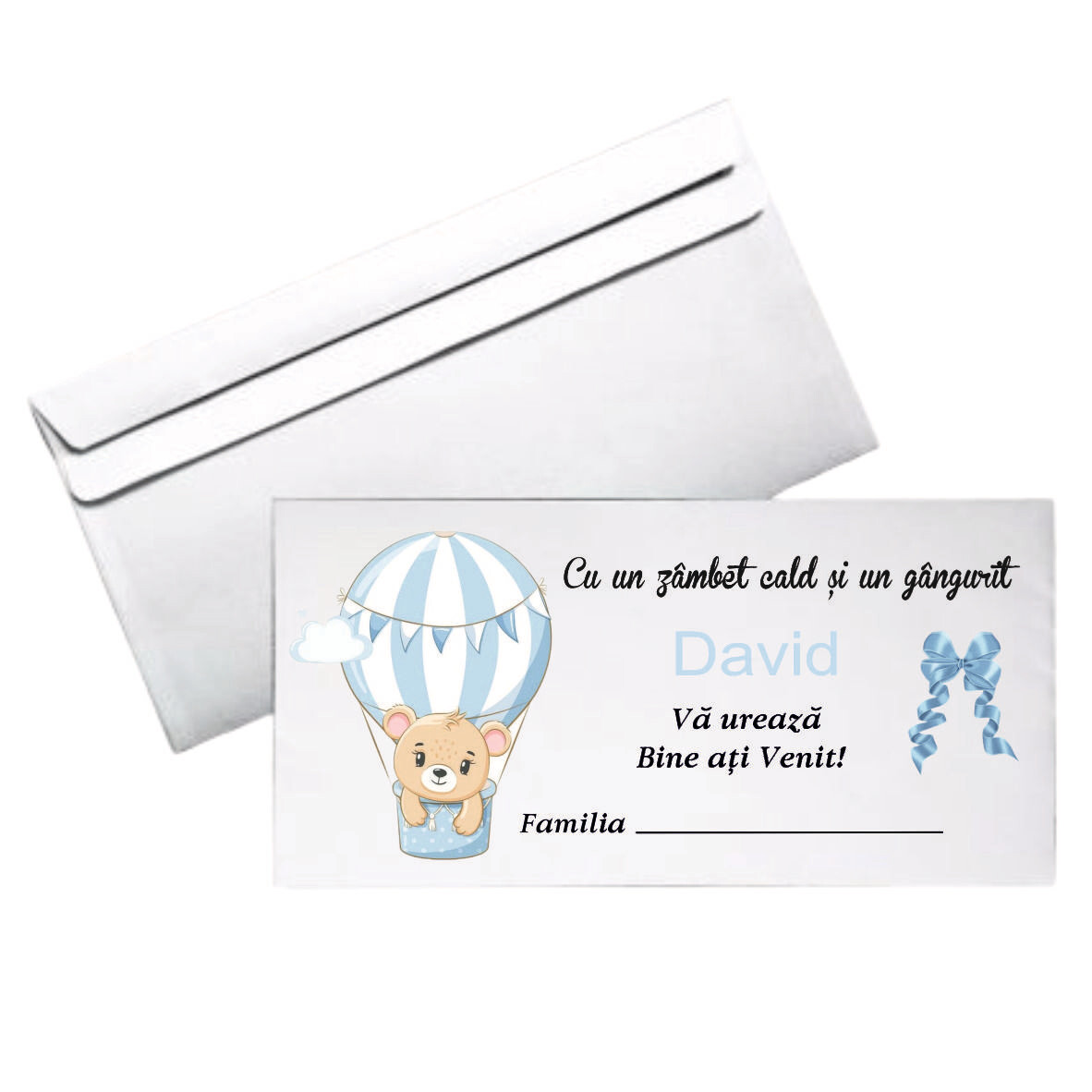 Plic Botez Personalizat – Model Ursuleț în Balon Bleu | Format DL | Hârtie 80g
