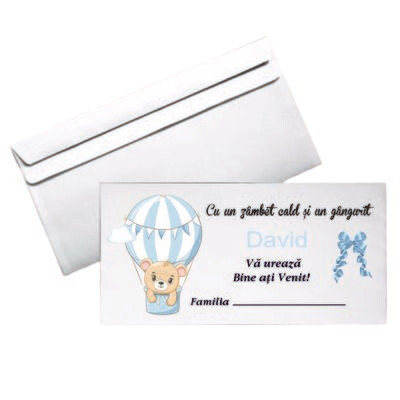 Plic Botez Personalizat – Model Ursuleț în Balon Bleu | Format DL | Hârtie 80g