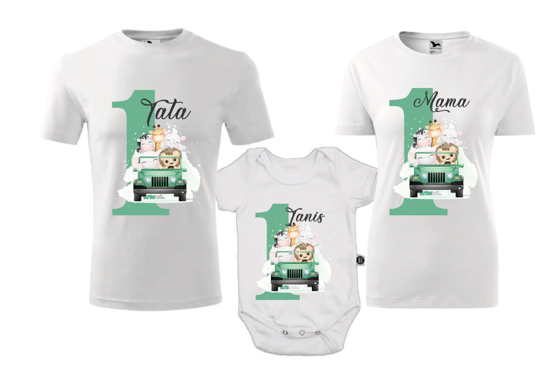 Set tricouri aniversare Safari – Mamă, Tată și Body cu nume – 1 an – bumbac 100%