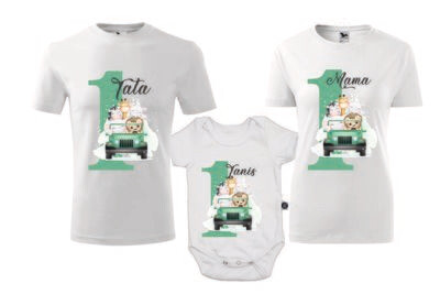 Set tricouri aniversare Safari – Mamă, Tată și Body cu nume – 1 an – bumbac 100%