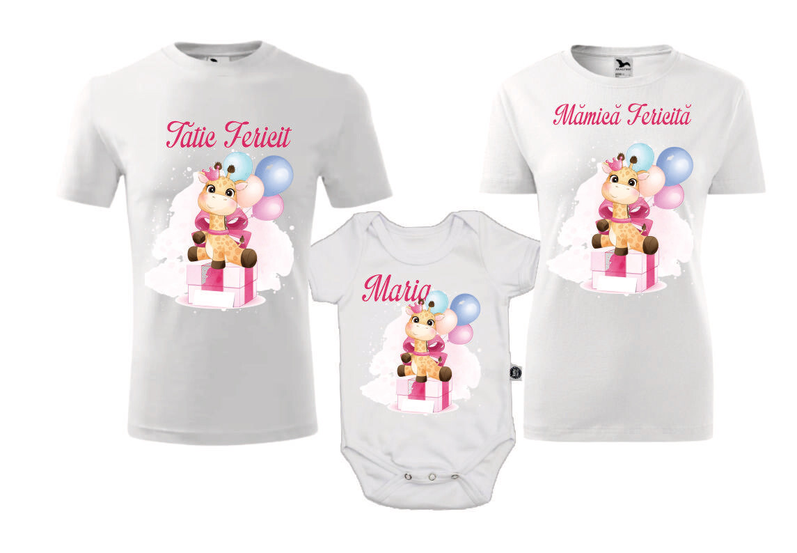 Set tricouri aniversare Girafă Girl – Mamă, Tată și Body personalizat – bumbac 100%