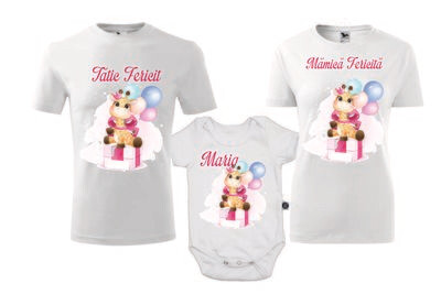 Set tricouri aniversare Girafă Girl – Mamă, Tată și Body personalizat – bumbac 100%