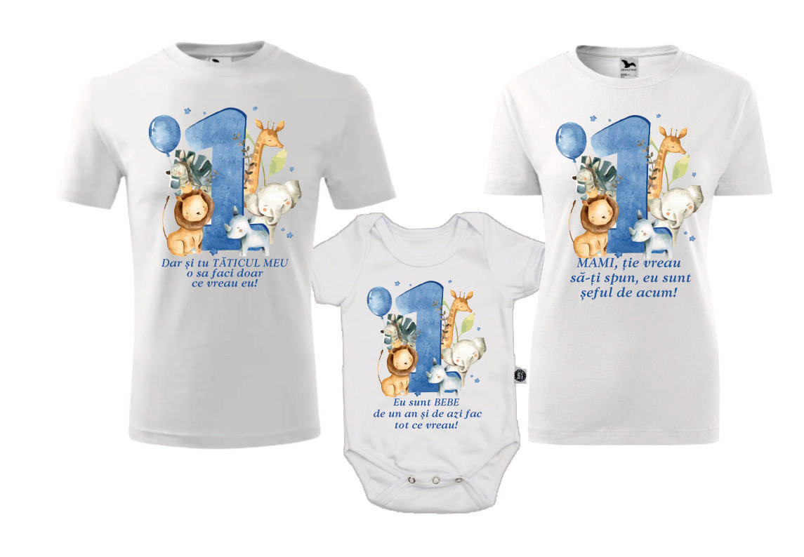 Set tricouri aniversare Safari – Mamă, Tată și Body bebeluș – tematică junglă, bumbac 100%