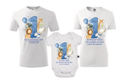 Set tricouri aniversare Safari – Mamă, Tată și Body bebeluș – tematică junglă, bumbac 100%